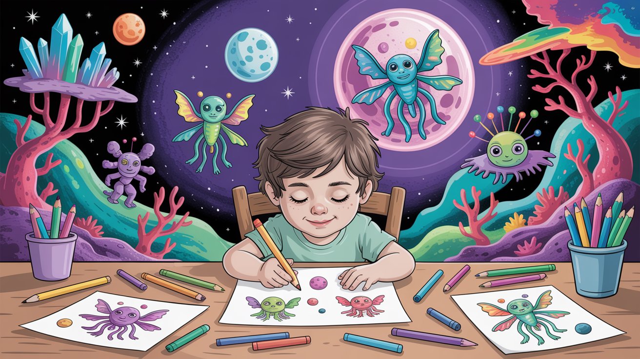 A boy draws with colored pencils at a table, surrounded by a vibrant space-themed background.