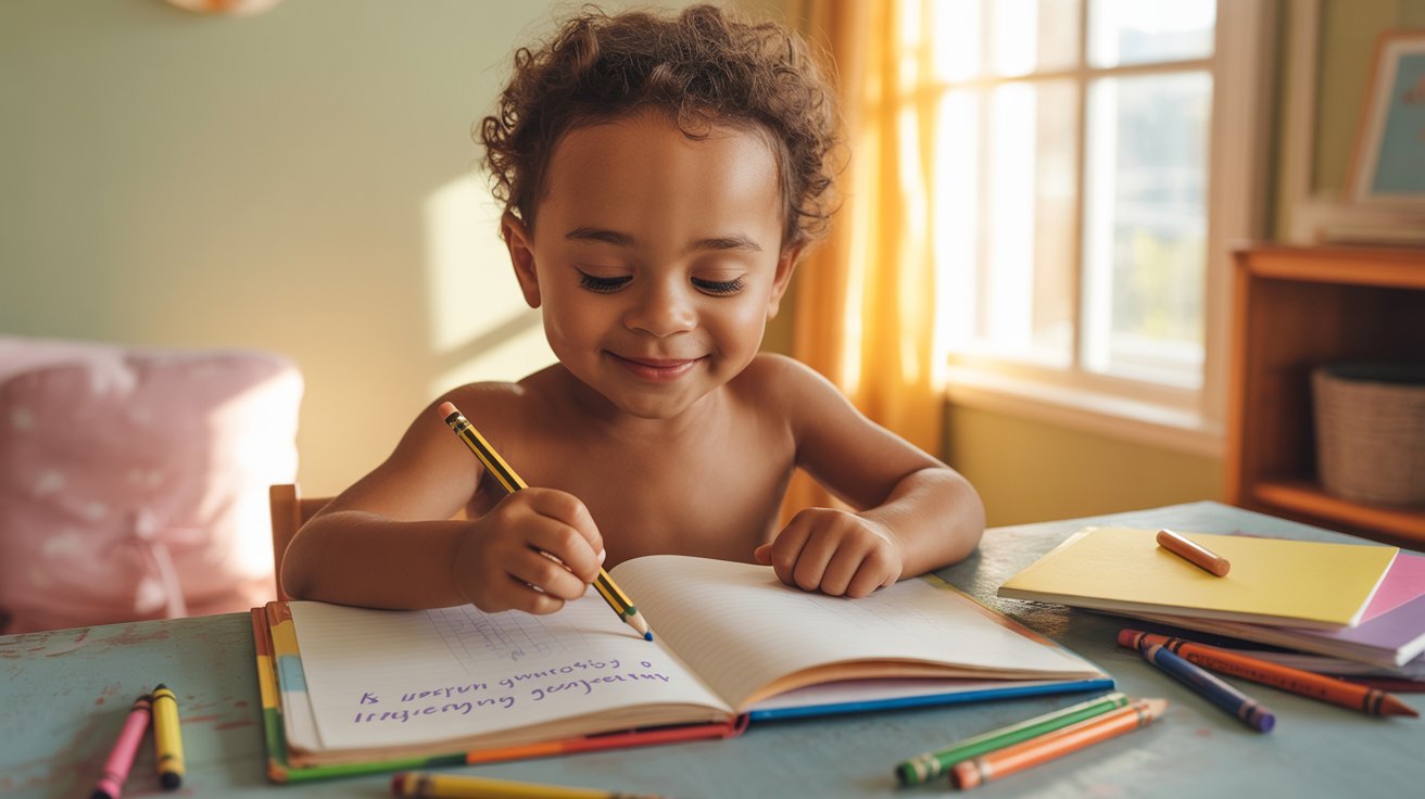 A young boy is focused on writing in a book using colorful crayons and pencil.