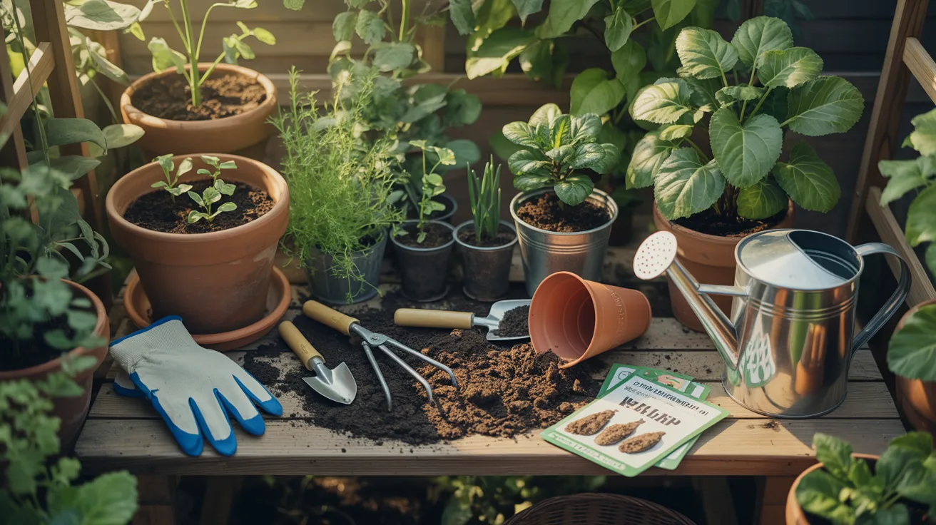 Gardening setup featuring plants, soil, and gardening tools arranged in an outdoor space, designed for planting, nurturing, and maintaining a green garden environment.