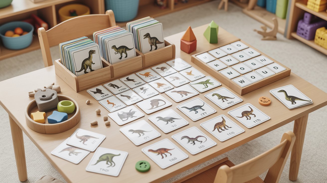 A wooden table displaying an assortment of colorful wooden dinosaur toys arranged neatly on its surface.