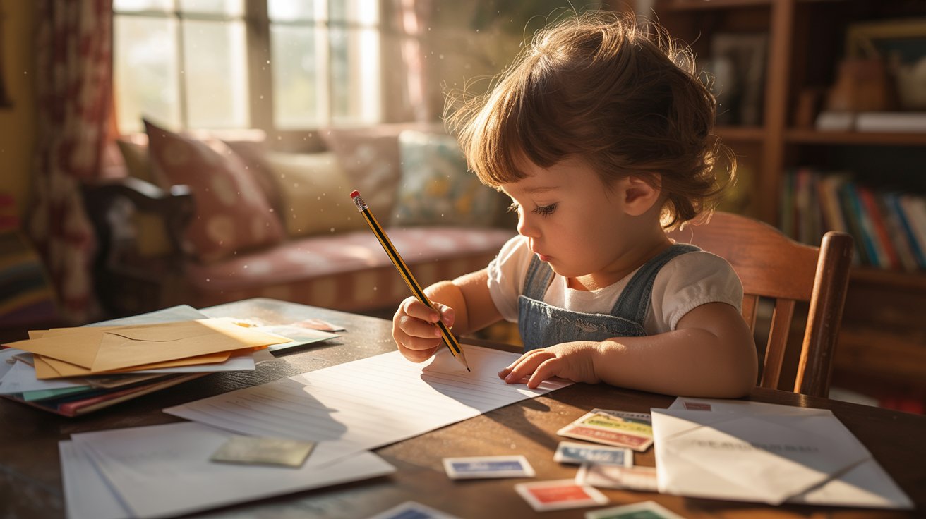 A young girl is focused on writing on a piece of paper at a table, showcasing her creativity and concentration.