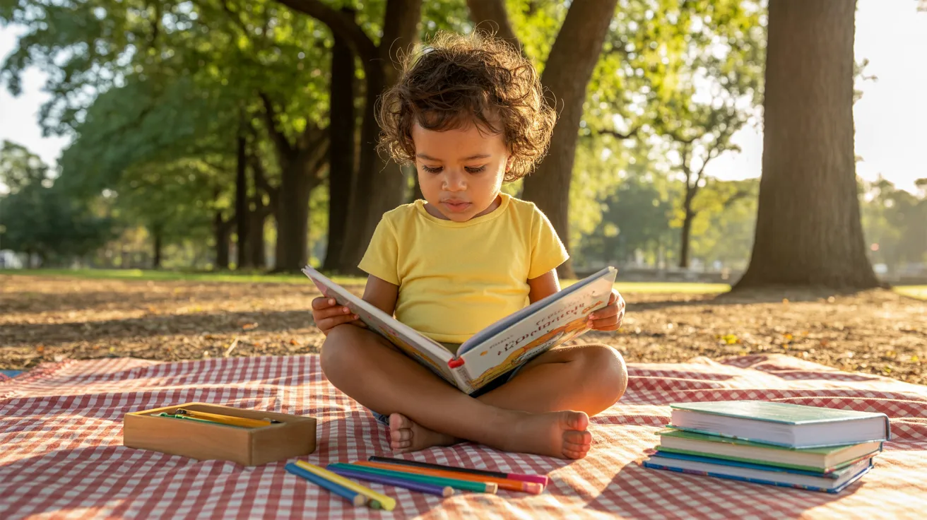 Child studying outdoors in a park on a picnic blanket with books and pencils, trees and sunlight in the background.