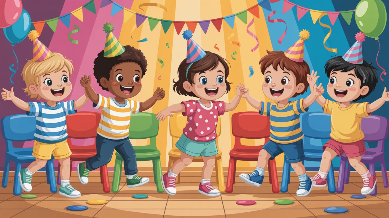 Children joyfully playing in a classroom, arms outstretched, engaging in a fun group activity.