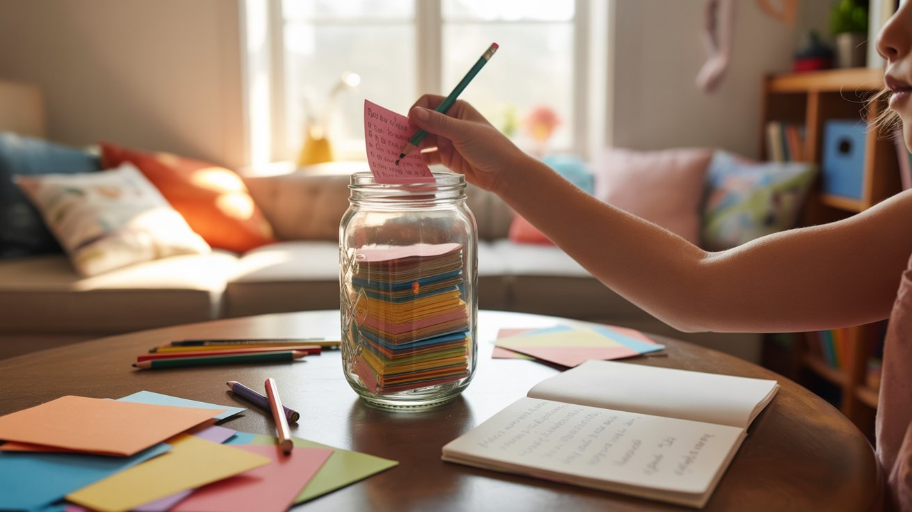 A woman placing colorful sticky notes into a clear jar on a wooden table, focusing on organization and creativity.
