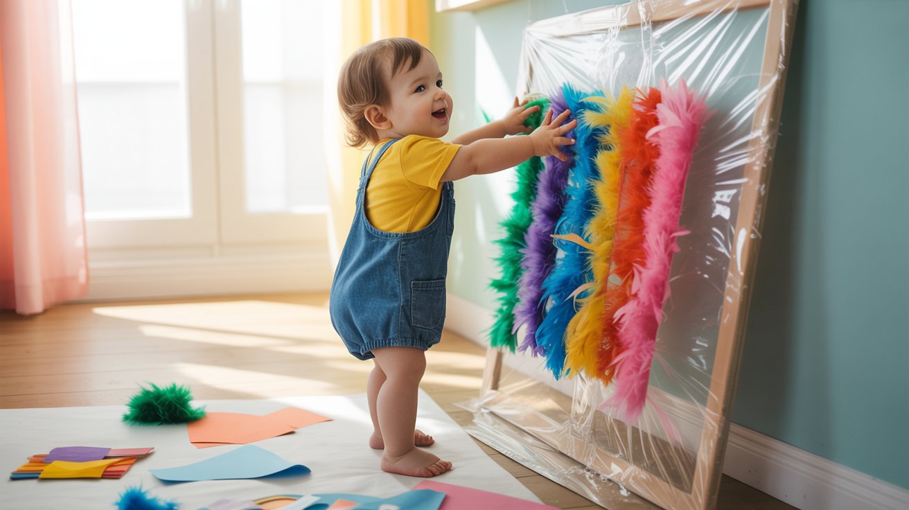 A baby joyfully playing with a colorful craft attached to a wall, surrounded by vibrant art supplies.