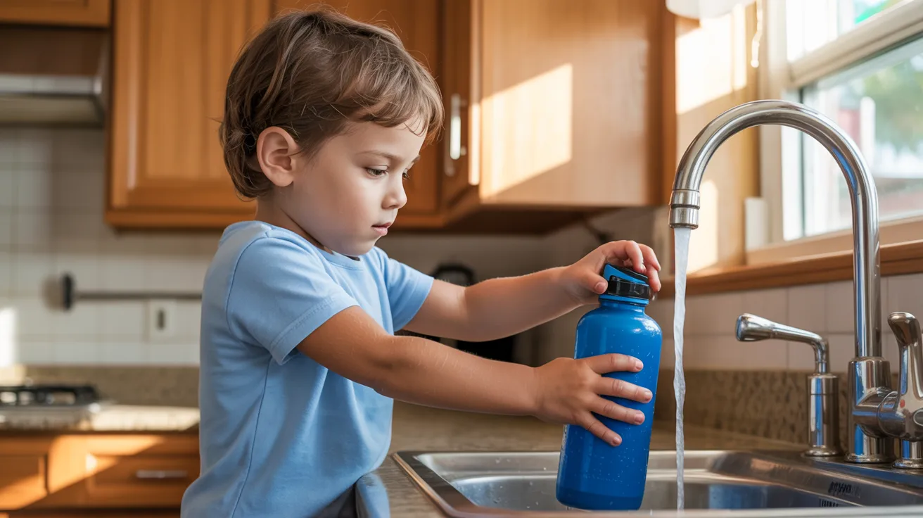 Child filling water bottle as life skills activity for kids.
