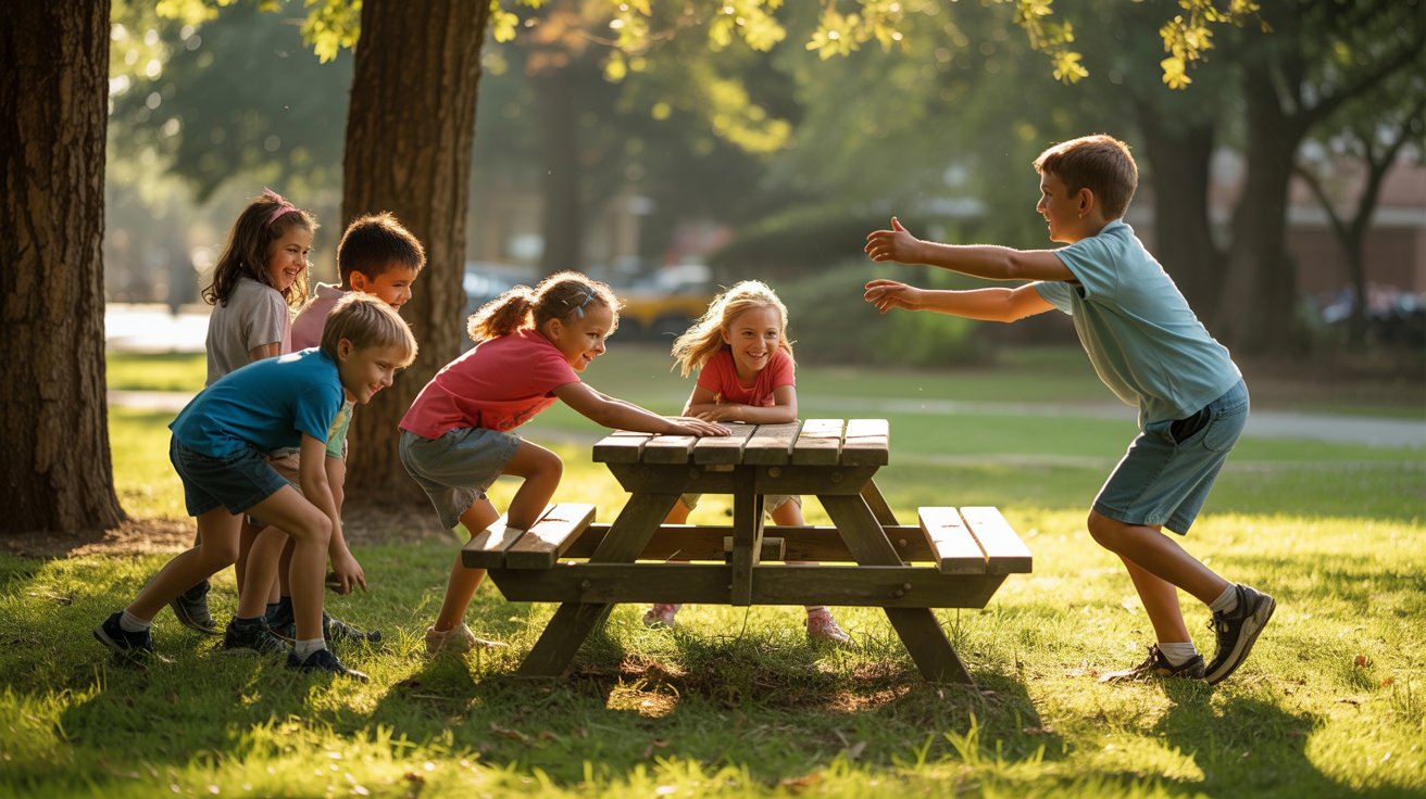 Children sneaking around a central object while playing an outdoor game
