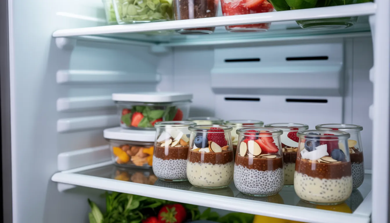 Meal prep jars filled with chia pudding arranged neatly in a refrigerator