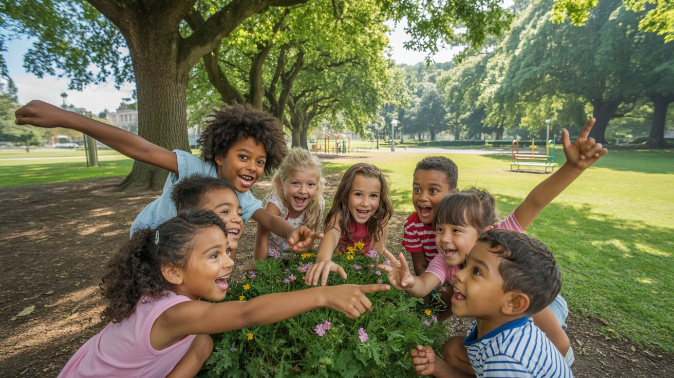 Children pointing and guessing objects in a fun observation game