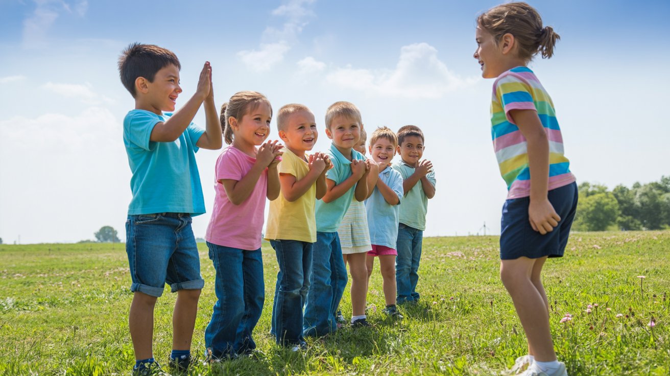 Children asking permission before stepping forward in a group game