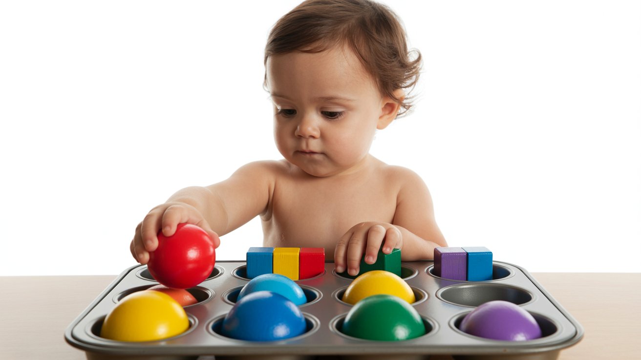 toddler sorting objects by color using tray