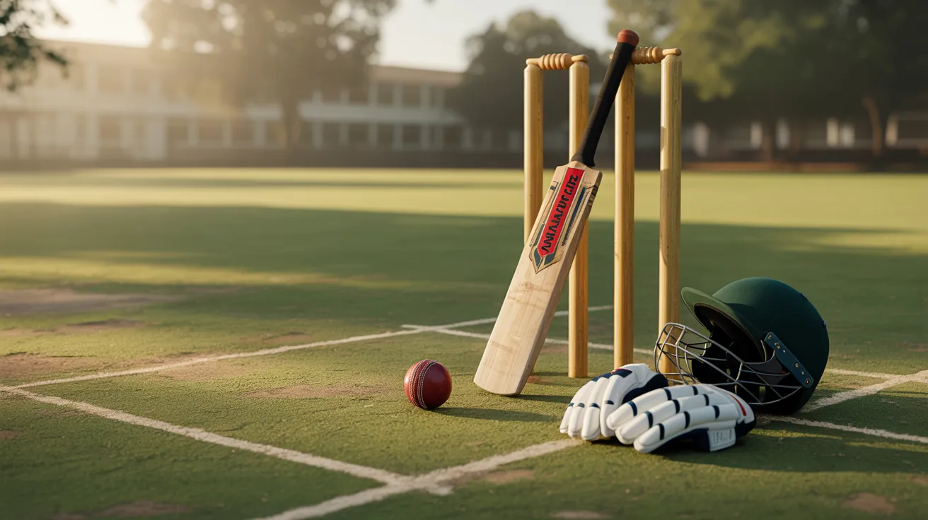 Cricket field setup with a bat and wicket placed on the pitch, showing a prepared playing area for a match or practice session.