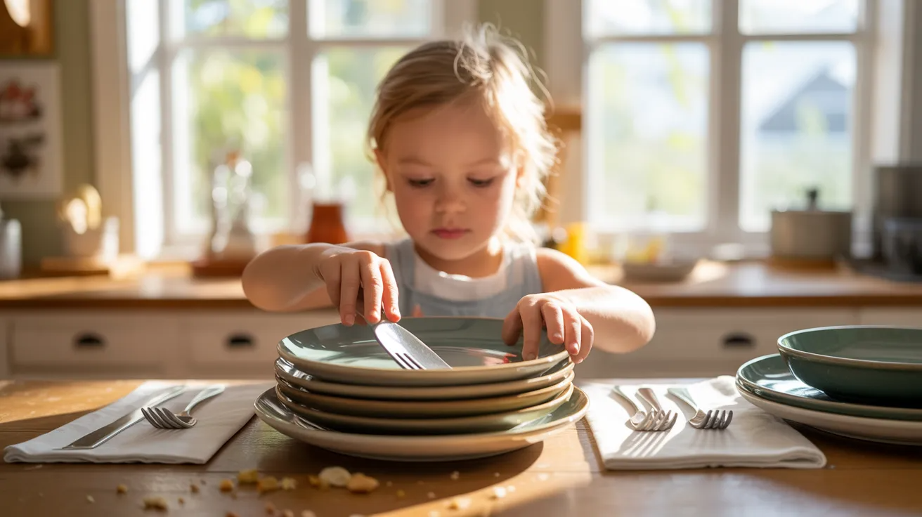 Child clearing table after meal as life skills activity for kids.