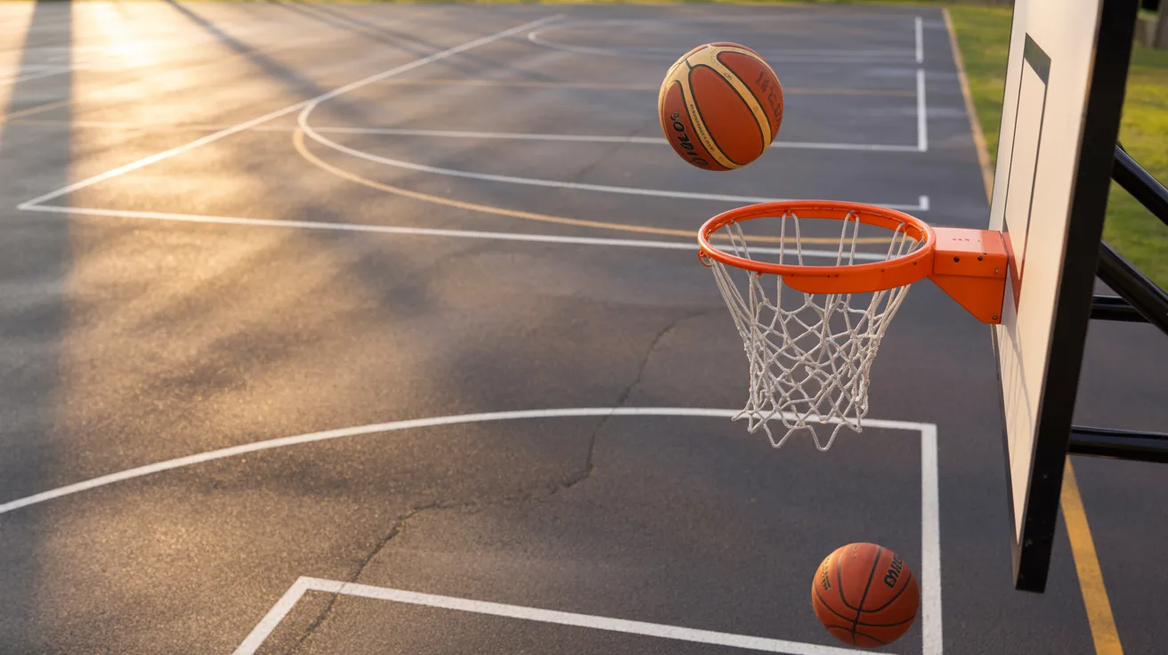 Basketball court with hoop and ball on the court, showing an empty sports field prepared for a game in an outdoor or indoor arena setting.