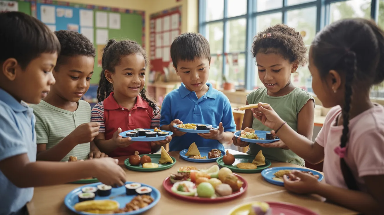 Children tasting international foods during cultural learning activity.