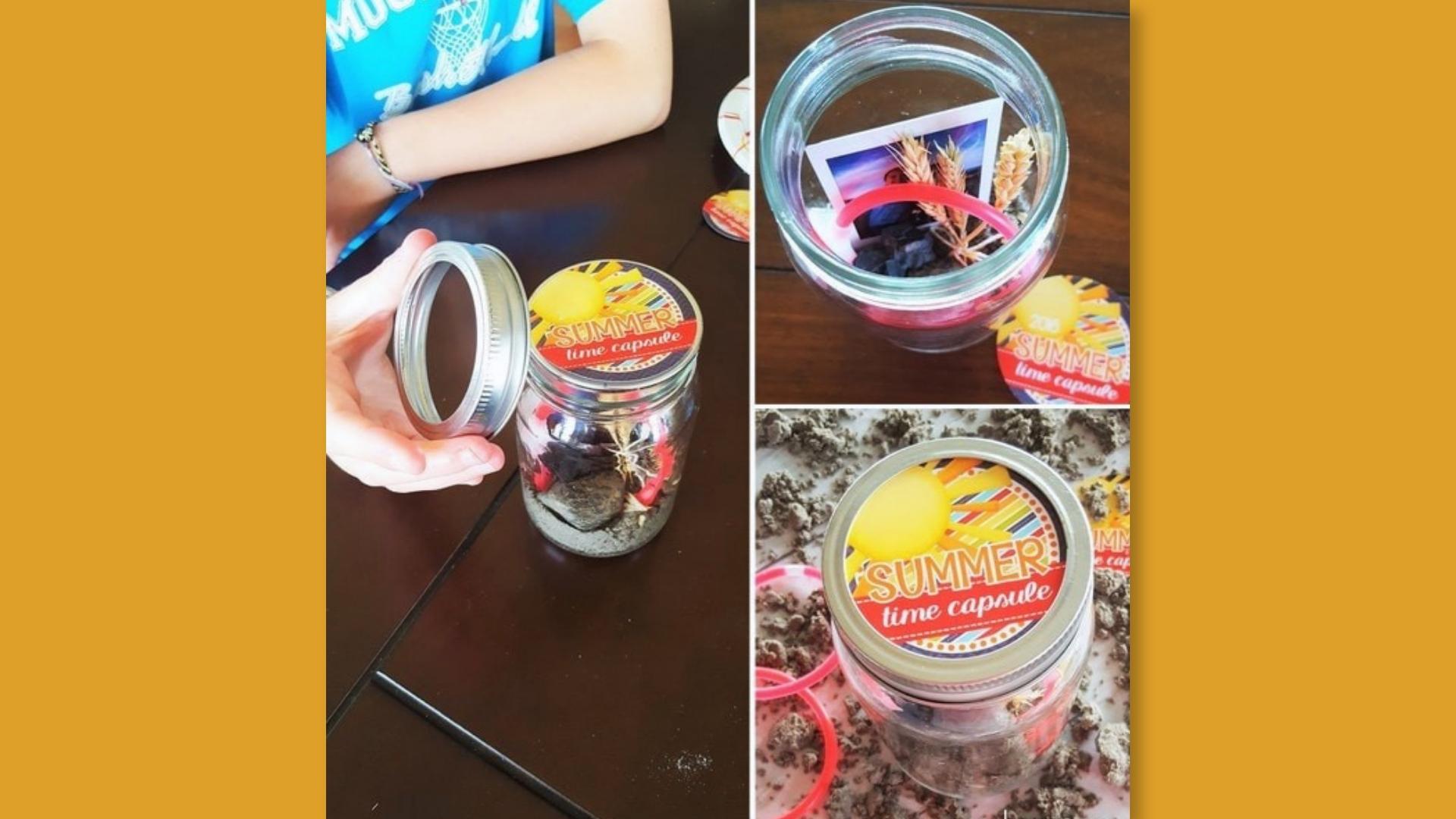 Collage shows child making summer time capsule jar with sand, photos, and keepsakes, Summer Activities for Kids.