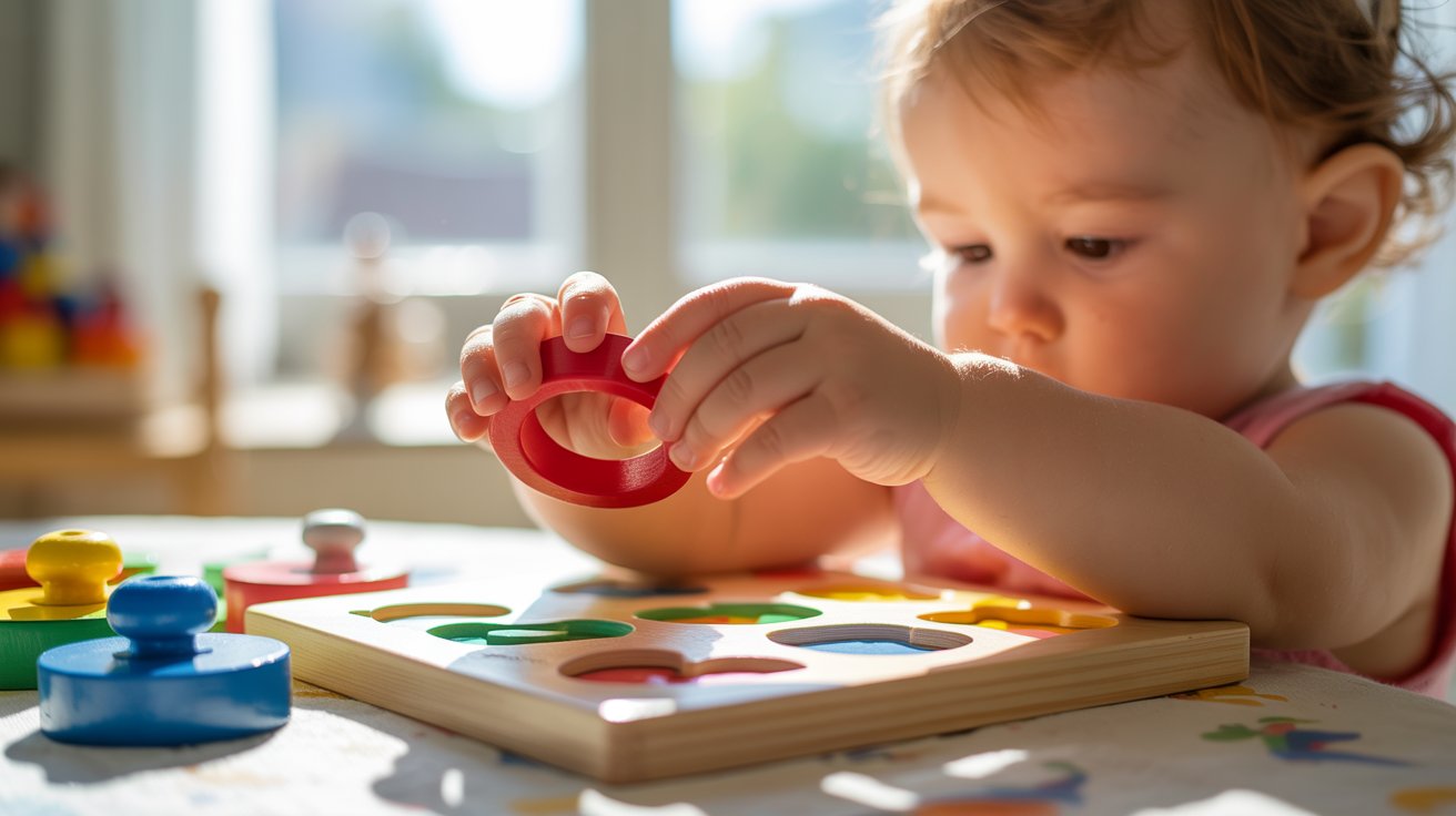 toddler solving simple wooden peg puzzle