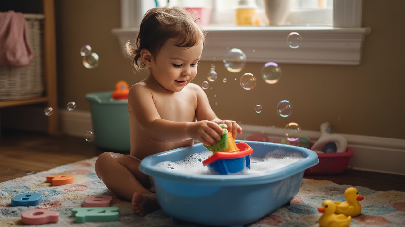 A baby joyfully playing with bubbles in a bathtub, surrounded by foam and colorful bath toys.