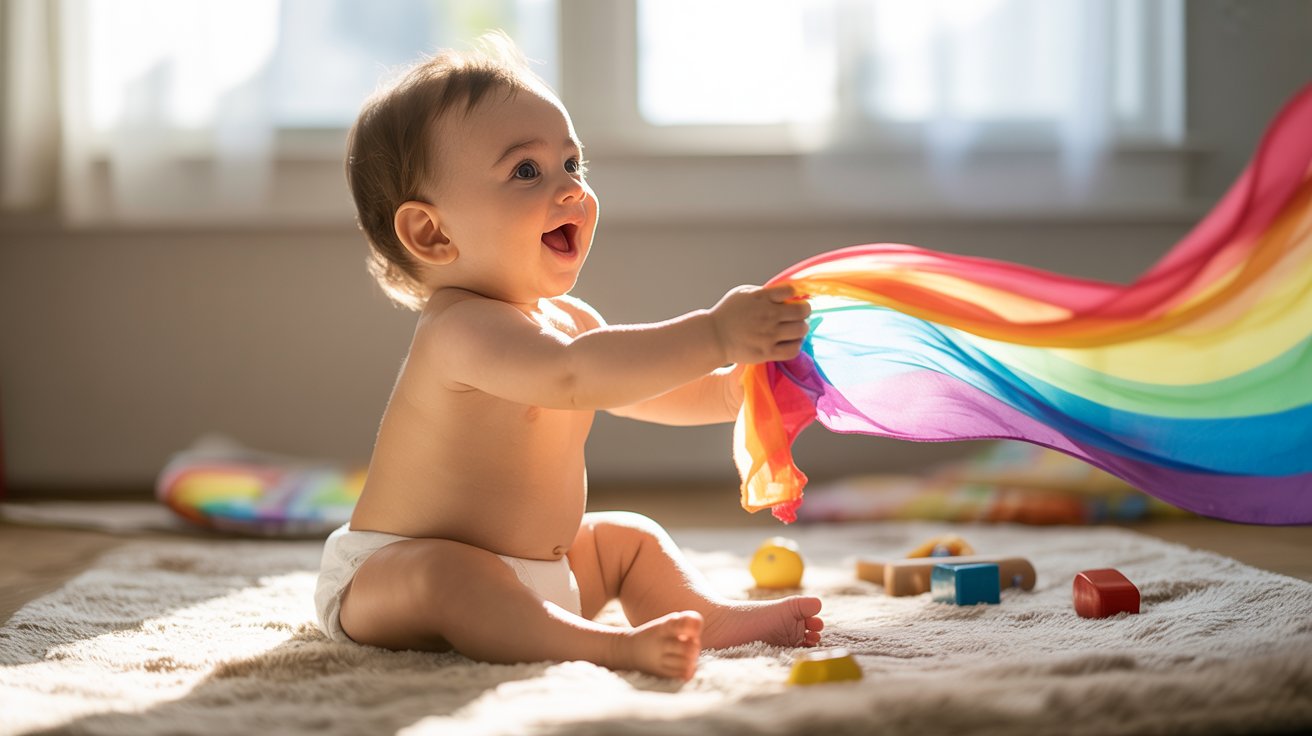 A baby in diapers joyfully playing with a vibrant, rainbow-colored fabric on a soft surface.