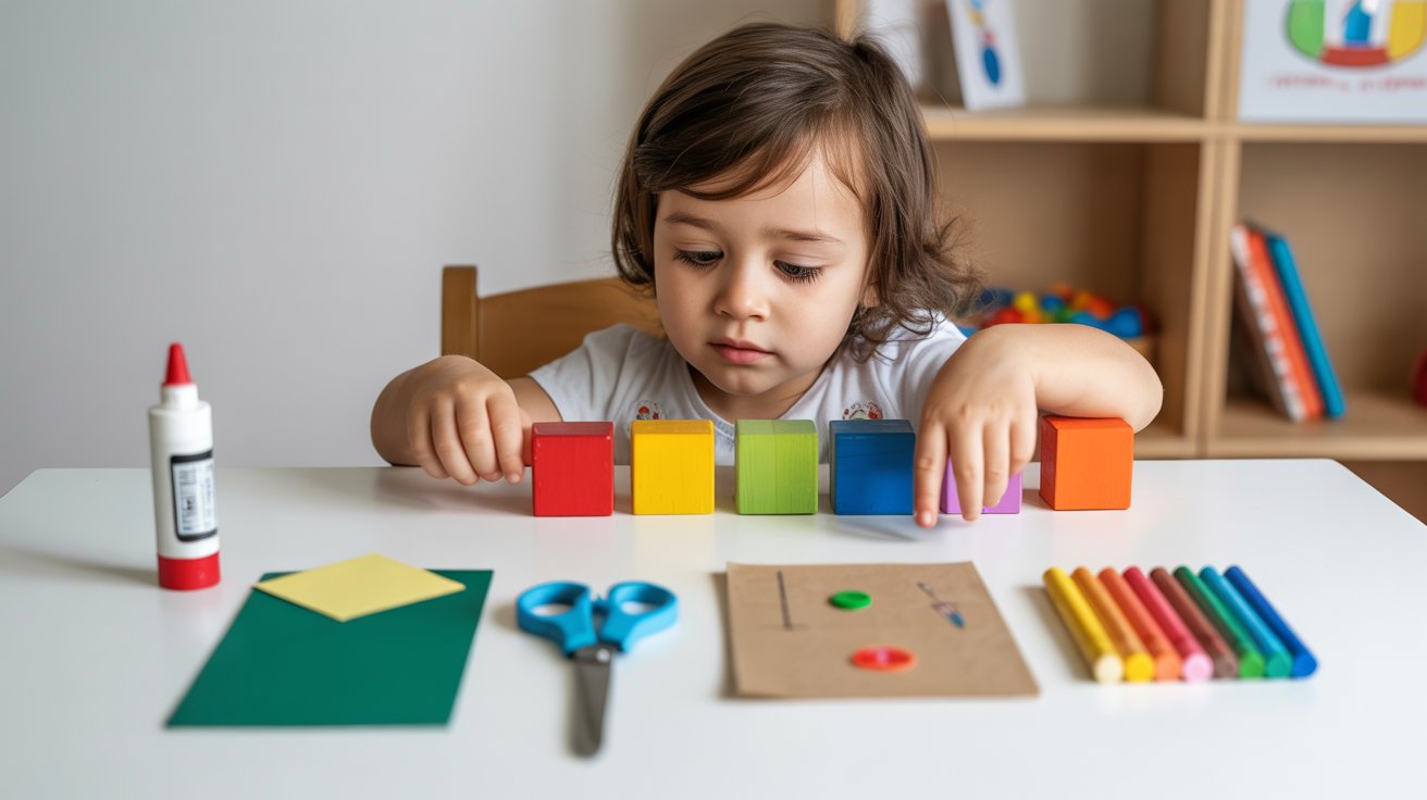 A young child happily stacking colorful blocks on a table, focused on building a structure.