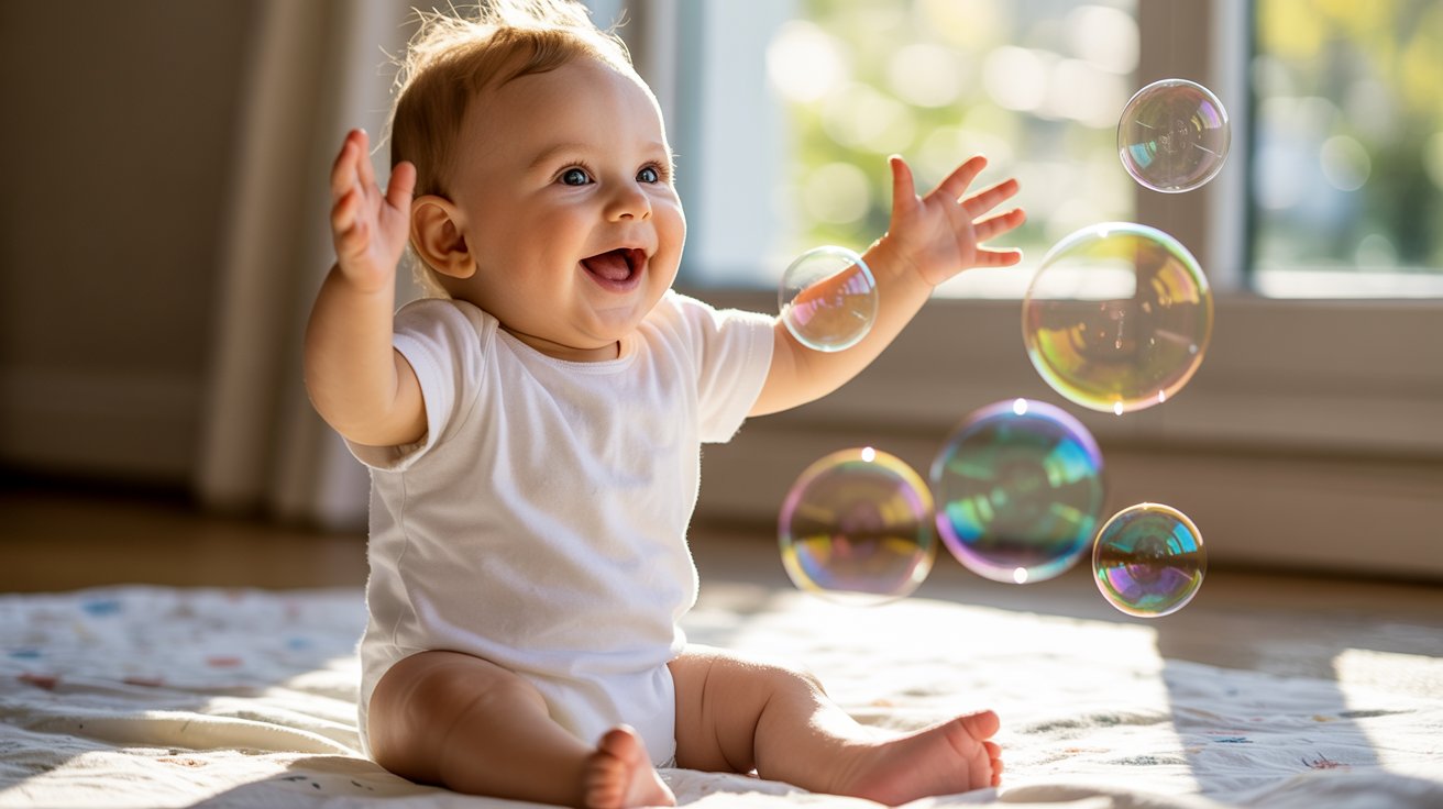 Toddler playing with bubbles and reaching to pop them