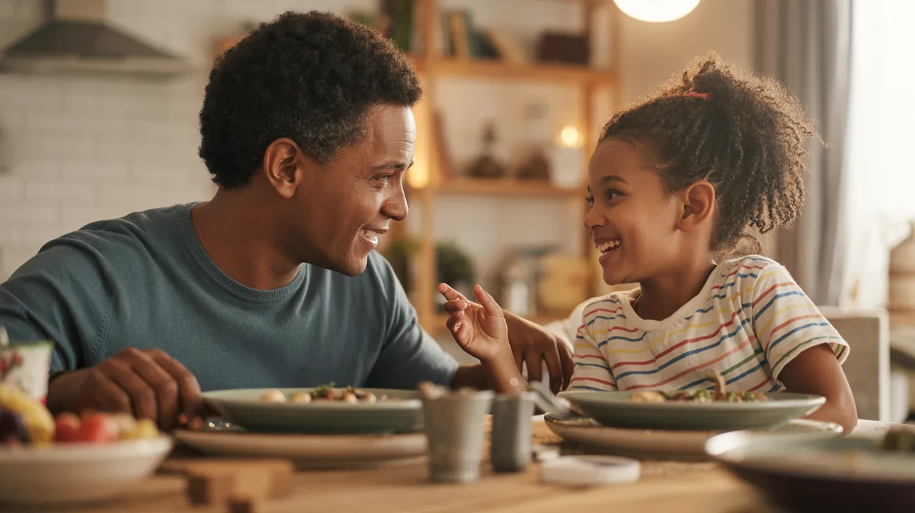 Parent and child sitting together at the dinner table having a meaningful conversation about kindness while smiling in a warm and cozy home environment.