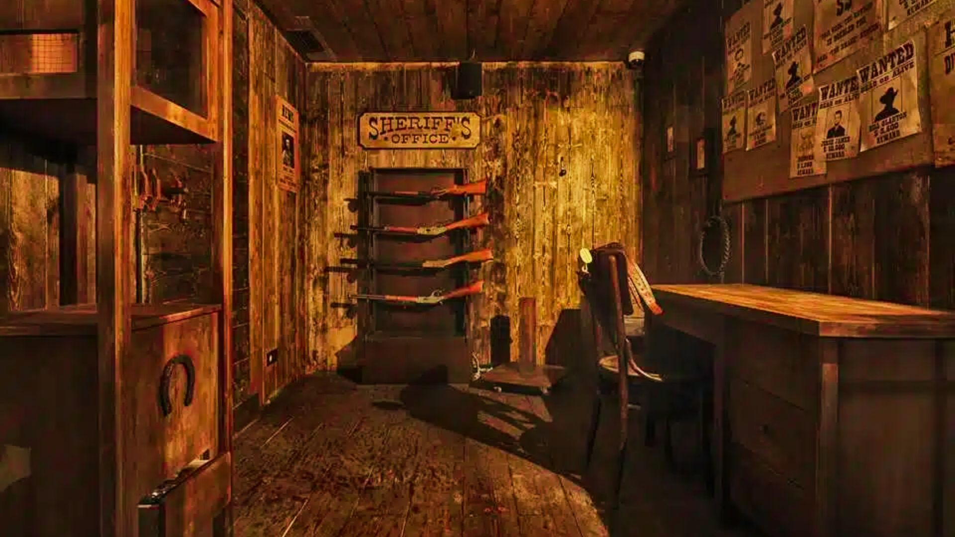 A room featuring a desk and a chair, creating an escape room setting.
