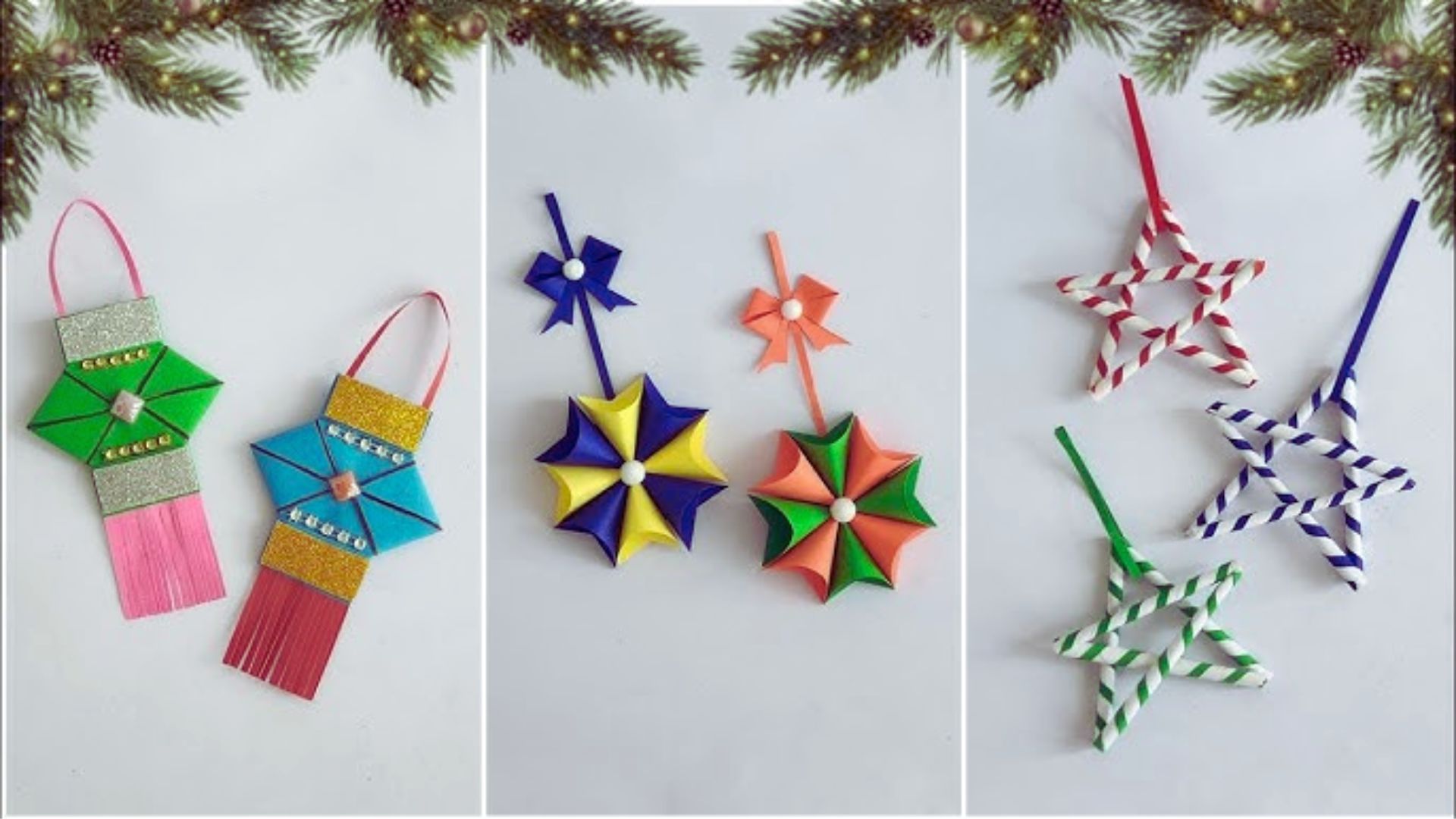 An assortment of four paper Christmas decorations, each with unique designs and colors, presented in a cheerful arrangement.