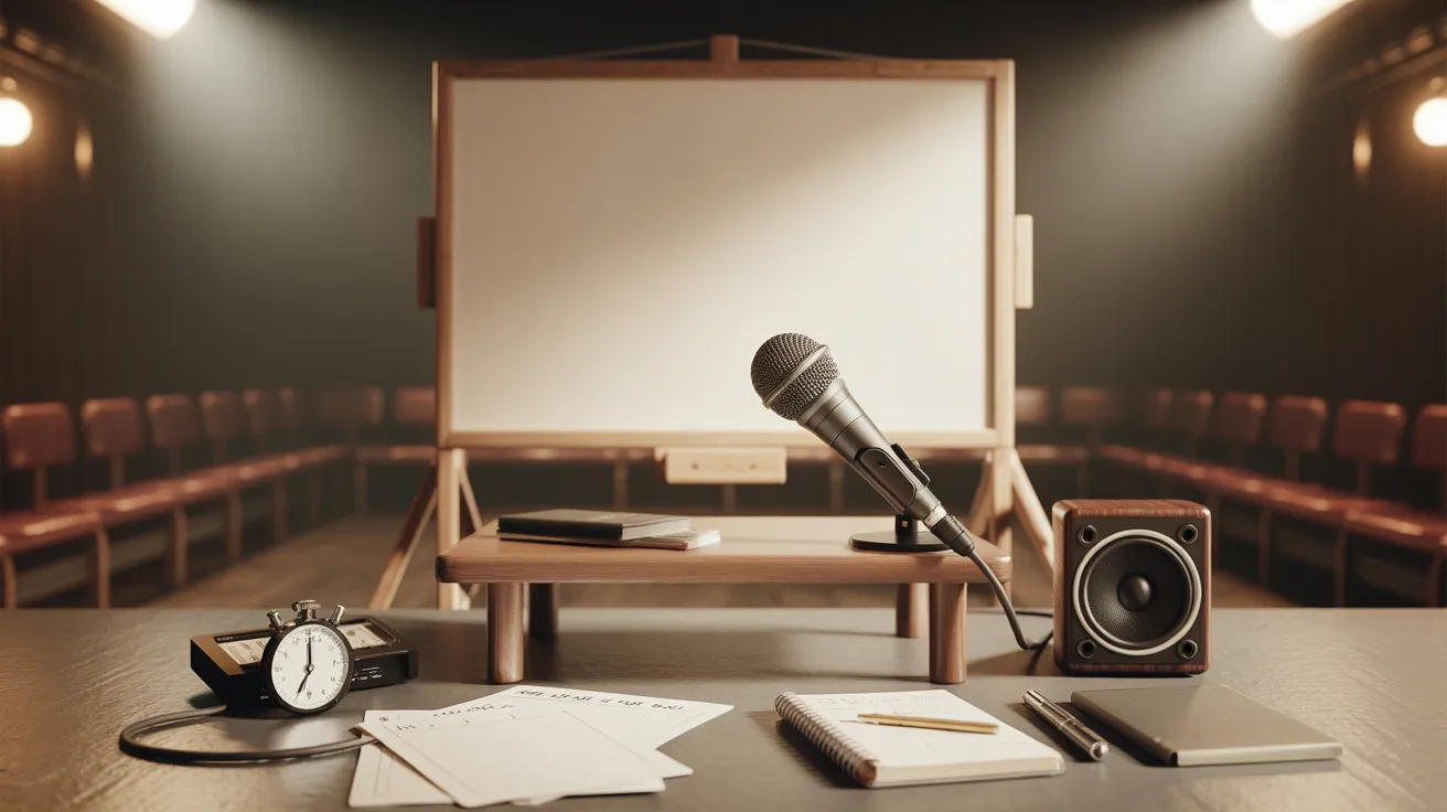 Public speaking practice setup featuring a podium and arranged seating in a hall or classroom environment, designed for speech practice, confidence building, and communication skills development.