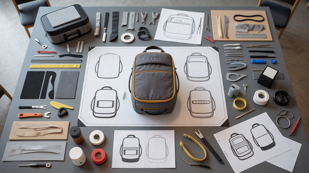 A backpack rests on a table surrounded by various tools, showcasing an organized setup for a project or activity.