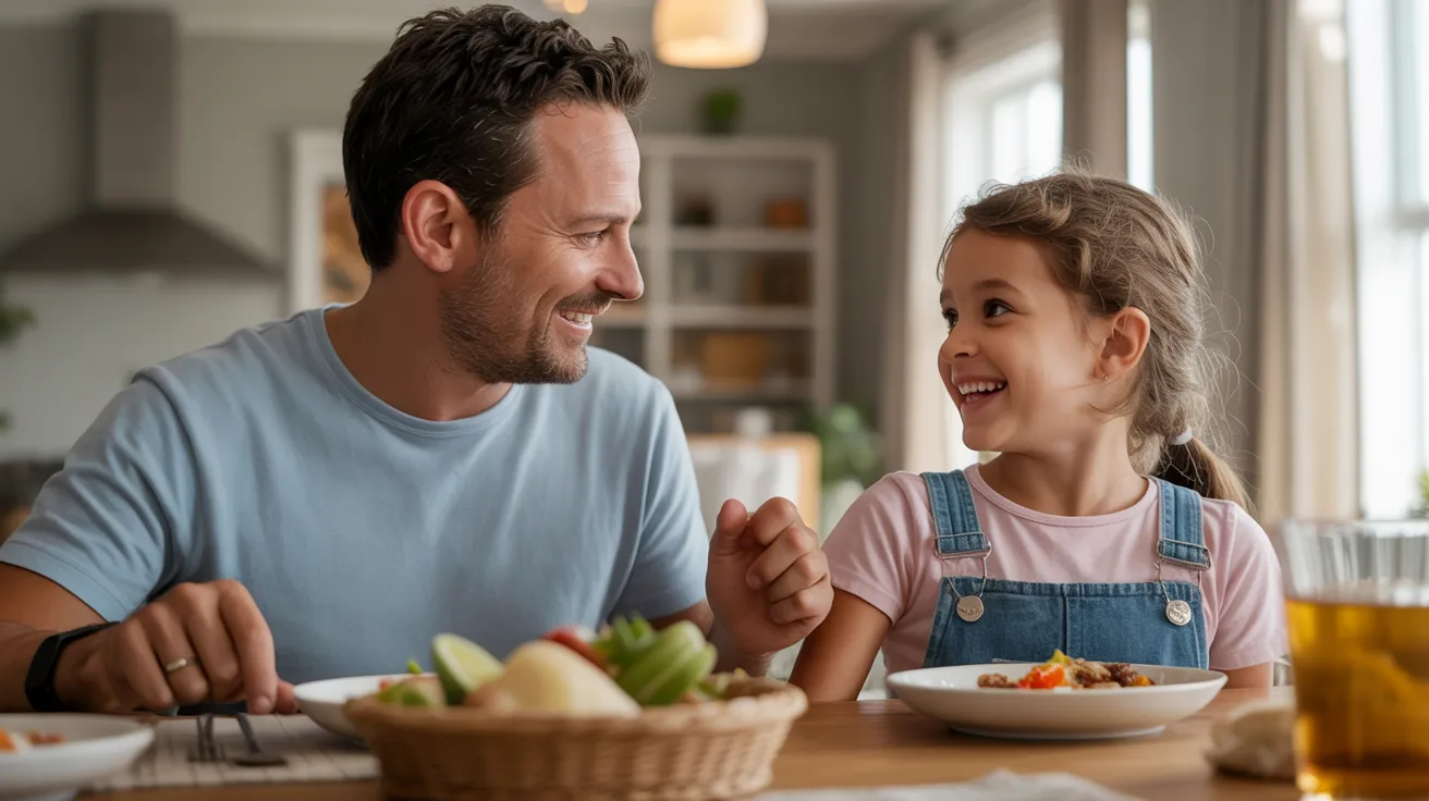 Parent and child sitting at a dinner table having a warm conversation while reflecting on daily acts of kindness in a cozy home setting.