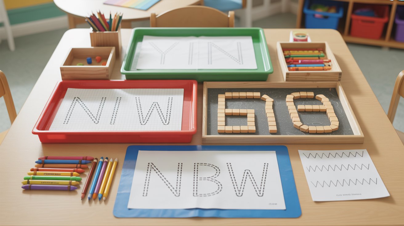 A table displaying colorful wooden blocks with letters, used for name recognition activities for children.