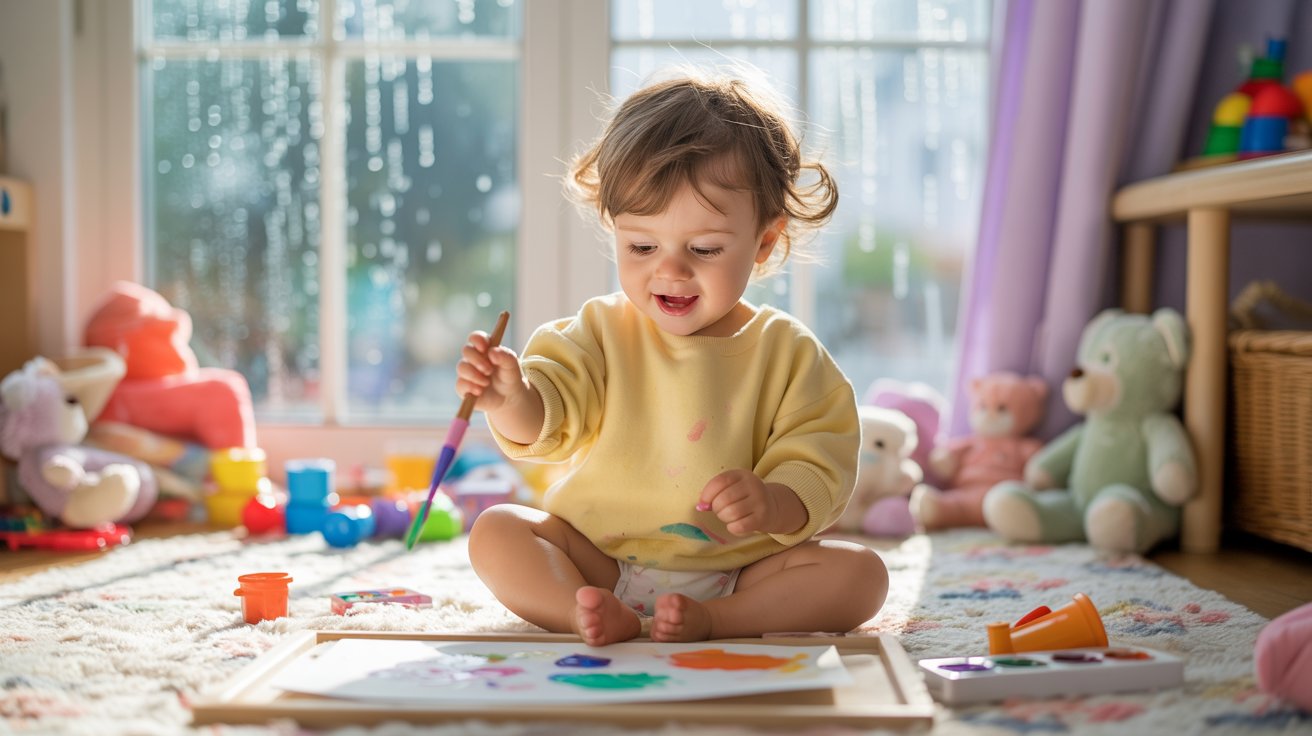 toddler painting with brush during rainy day indoor activity at home