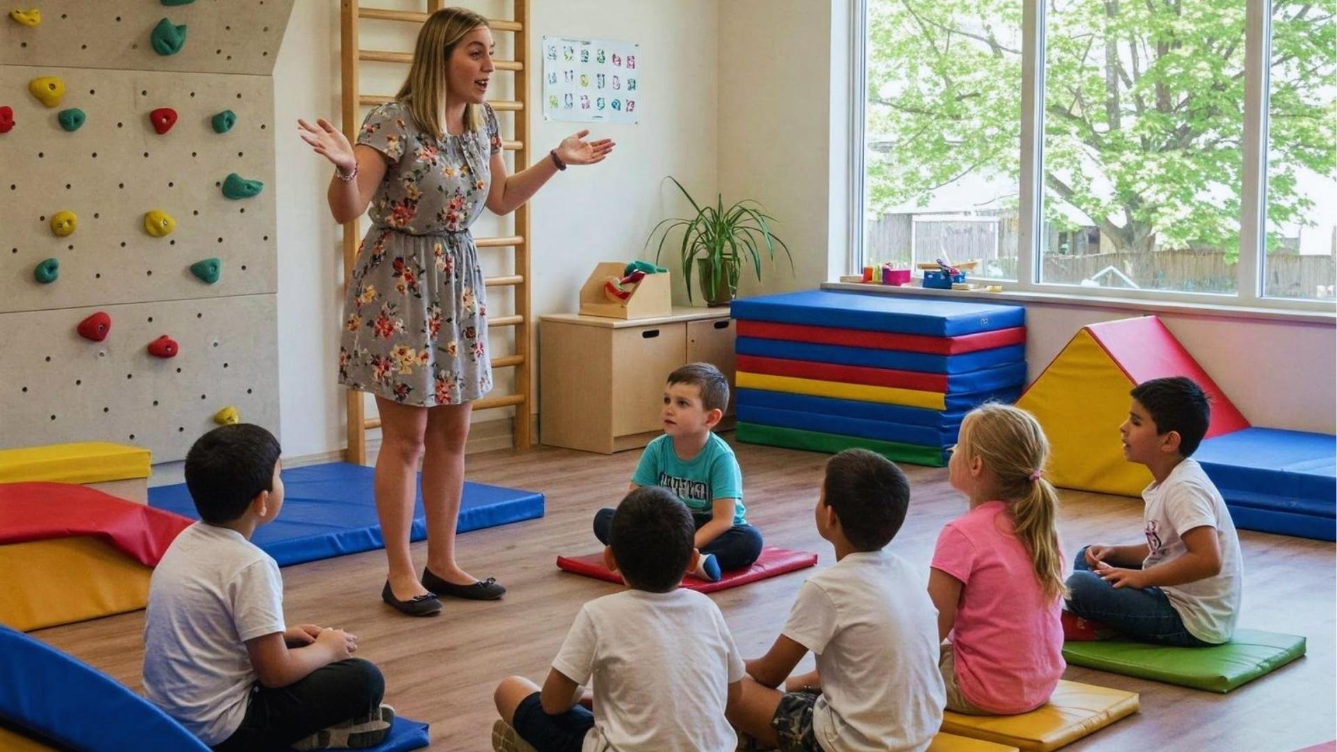 Children sitting in a colorful sensory therapy room, instructor guides nearby, mats, Activities for Autistic Kids.
