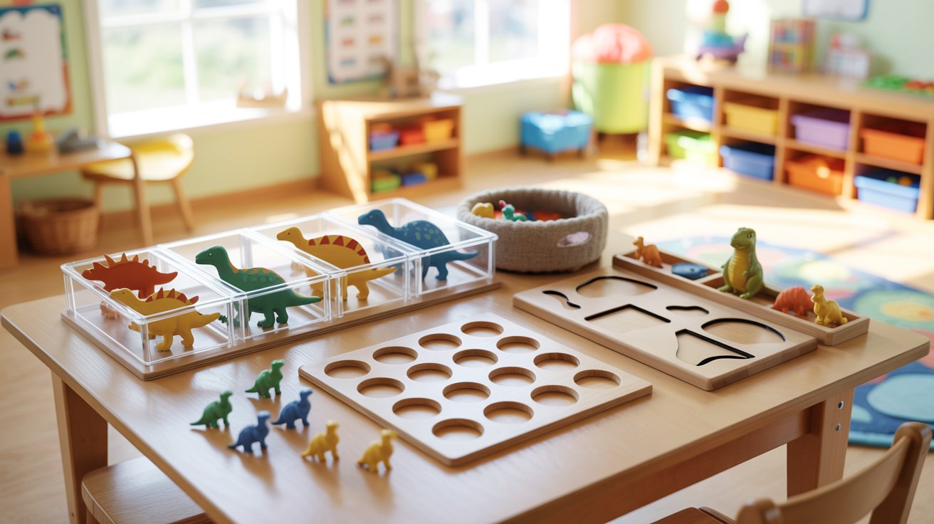 a table with various colourful dinosaur toys and with some cutout women tray.