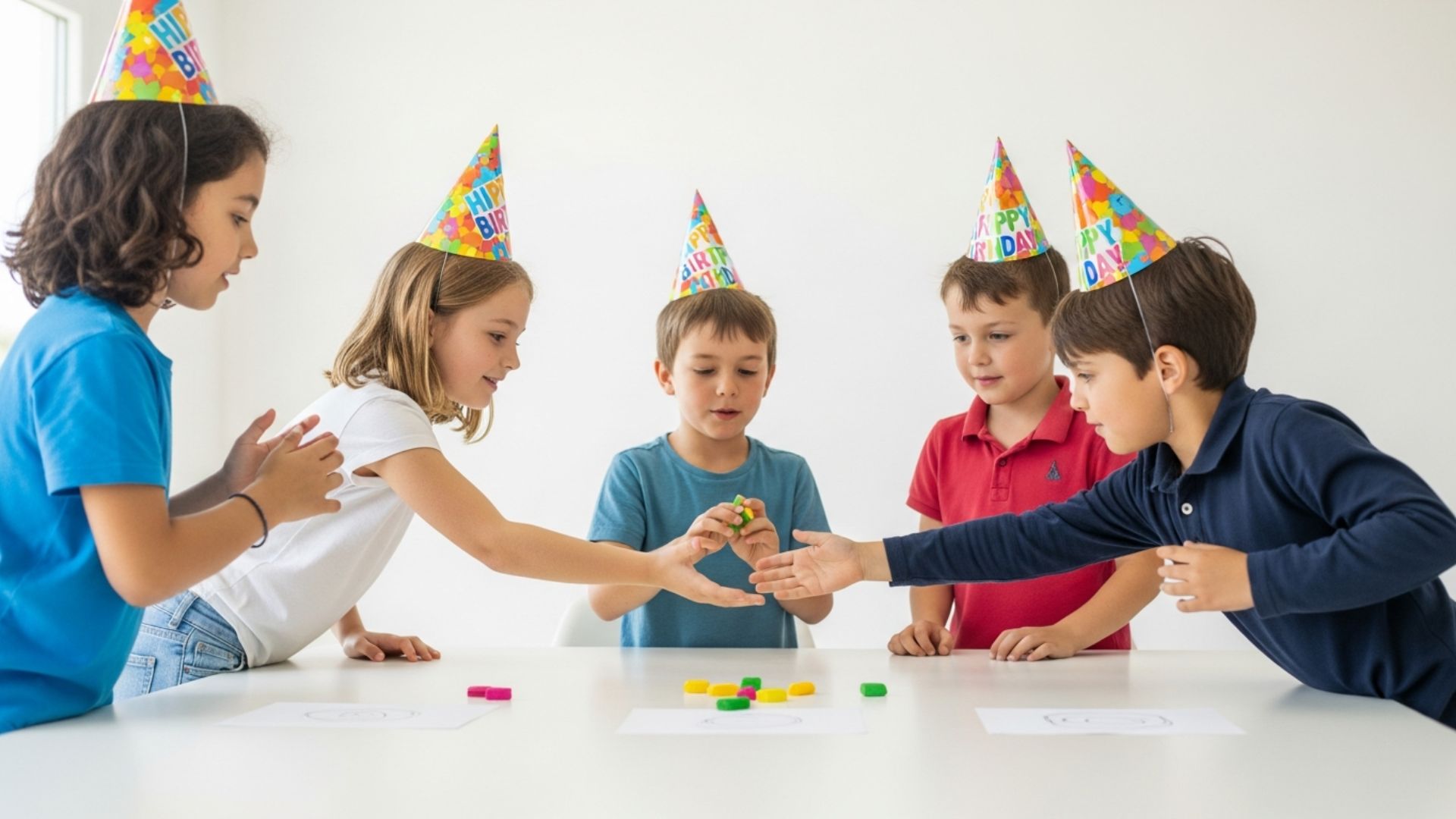 Five children wearing birthday hats reaching for colorful game pieces on a table, playing a collaborative group game for kids at home