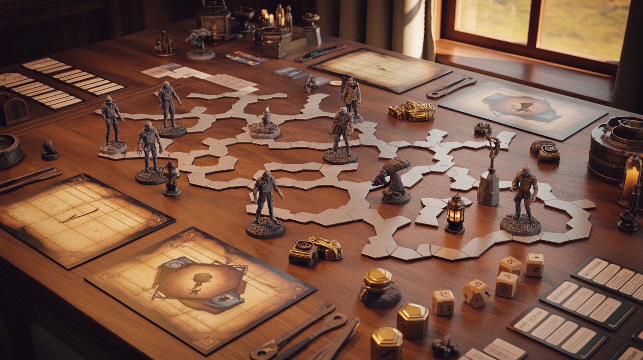A table displaying a colorful board game, with game pieces and cards arranged for play.