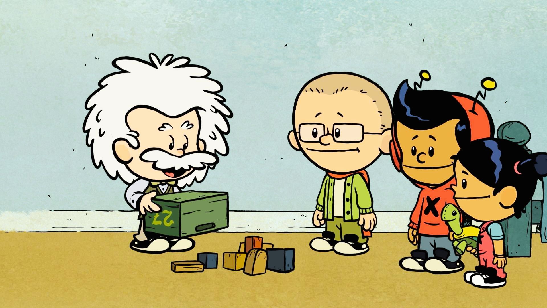 Cartoon character Xavier Riddle stands beside a diverse group of children, promoting curiosity and learning in a fun setting.