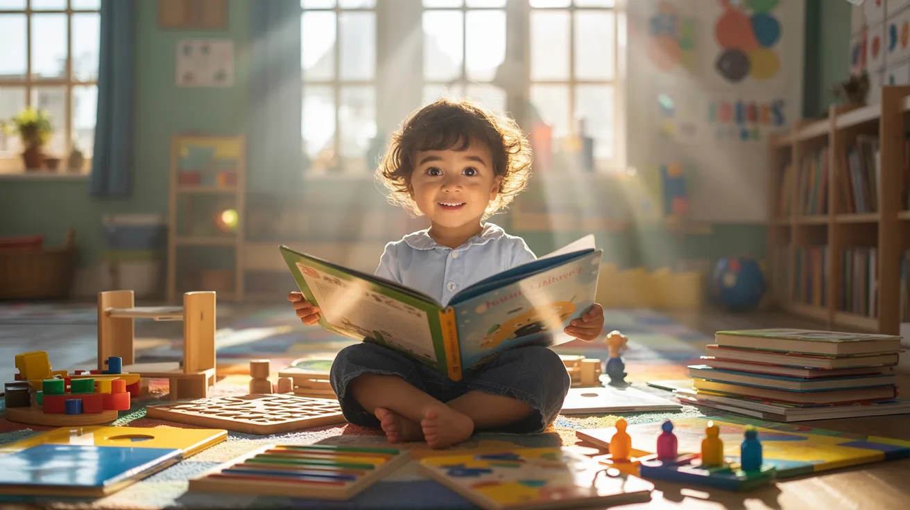 child happily engaged in learning with a glowing visual metaphor of creativity and thinking, books, puzzles, and playful educational tools.
