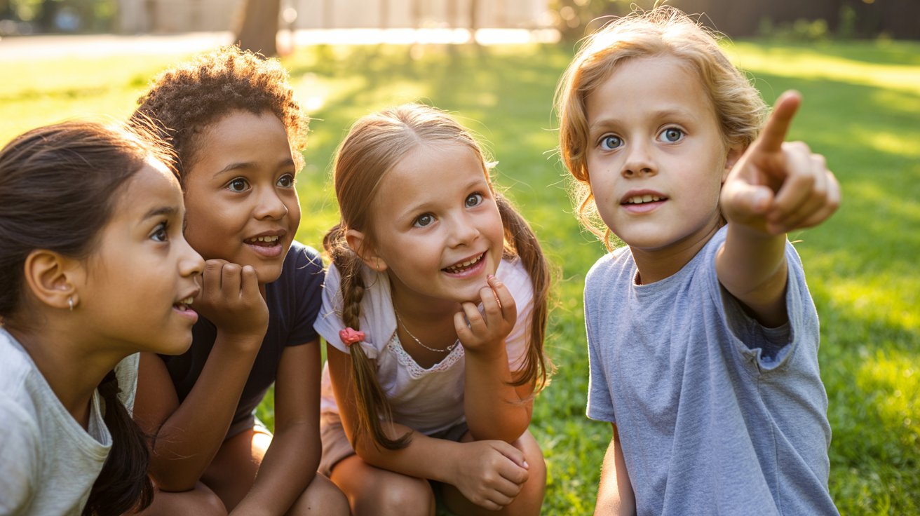 Children asking and thinking during a guessing game outdoors