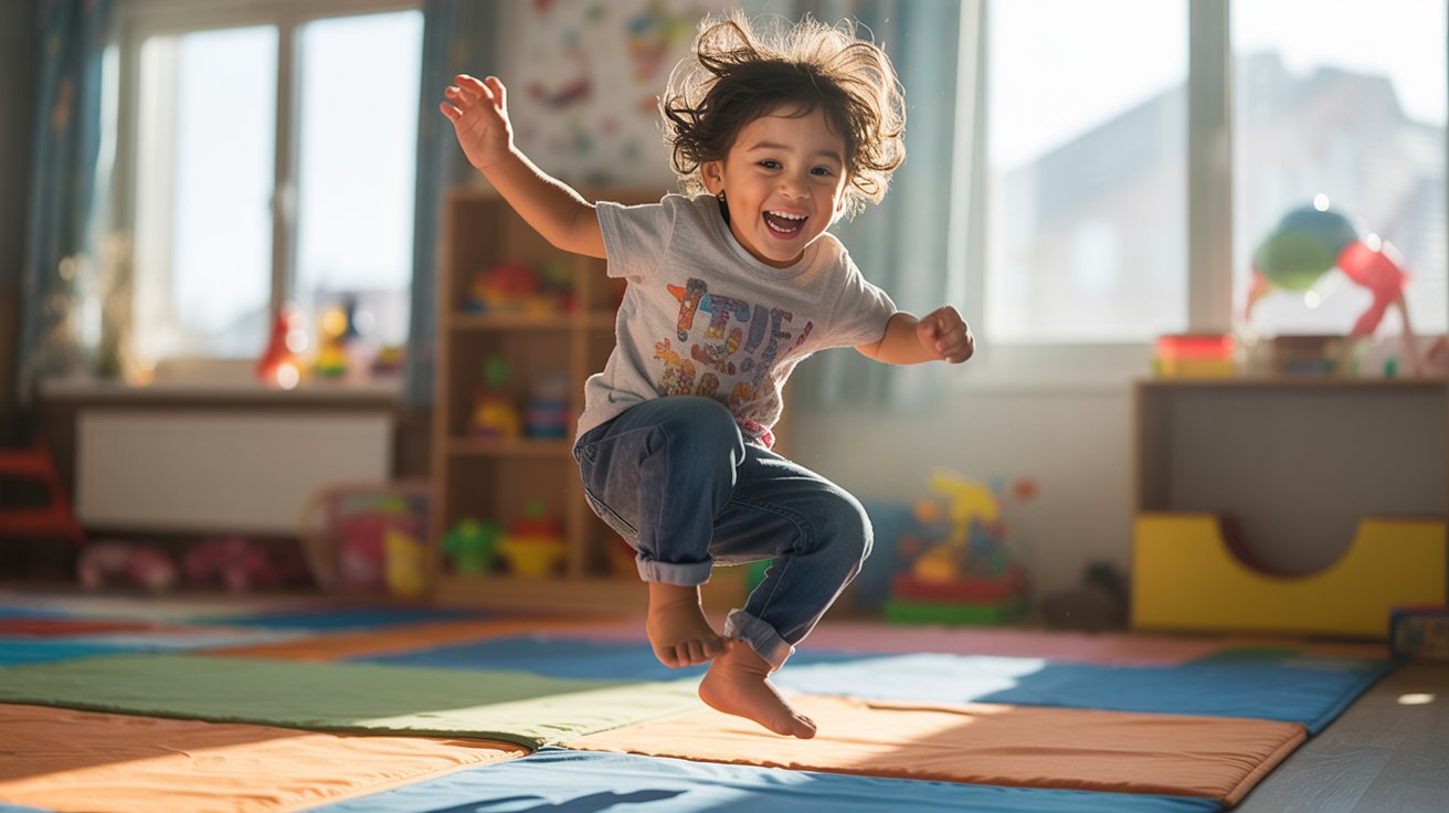A young child joyfully jumping on a colorful mat in a bright playroom filled with toys and playful decor.