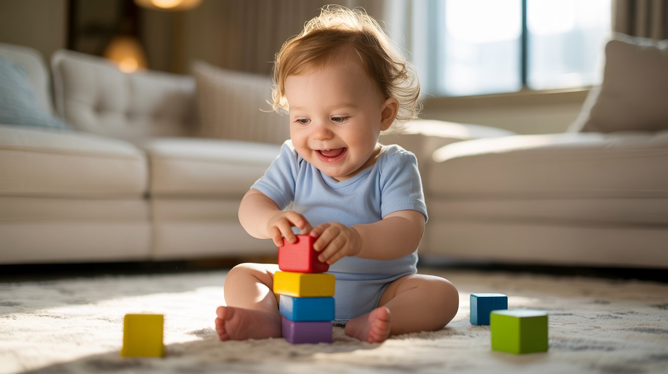 A baby sits on the floor, happily playing with colorful blocks scattered around them.
