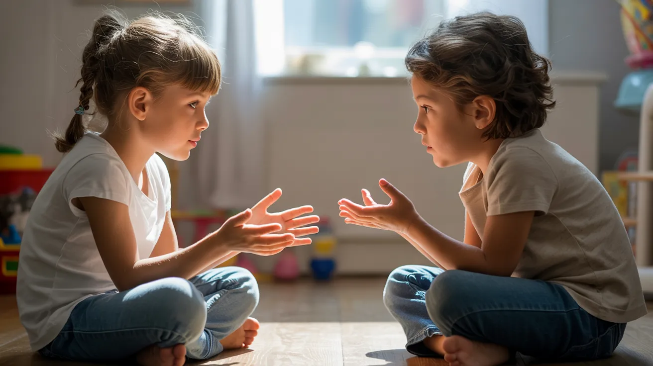 Two kids calmly resolving a disagreement by talking and listening to each other in a respectful way