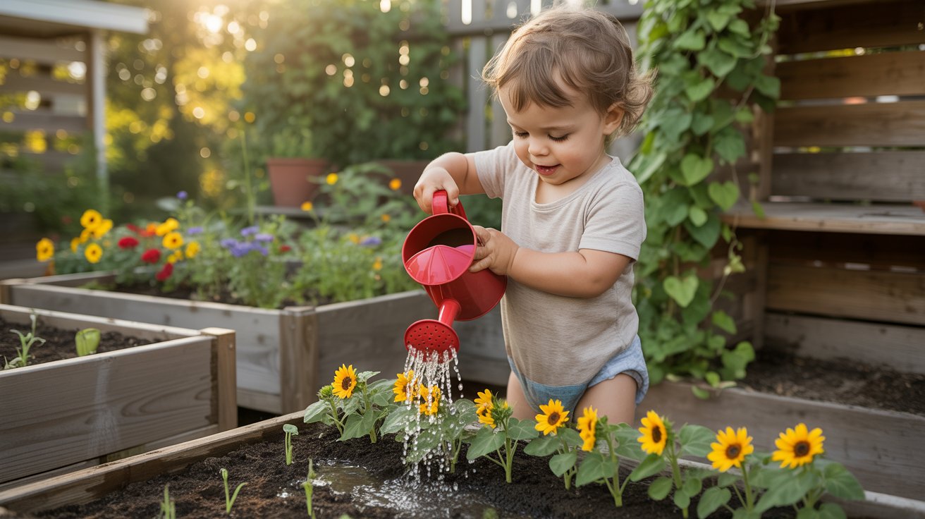 Toddler watering plants sensory activity