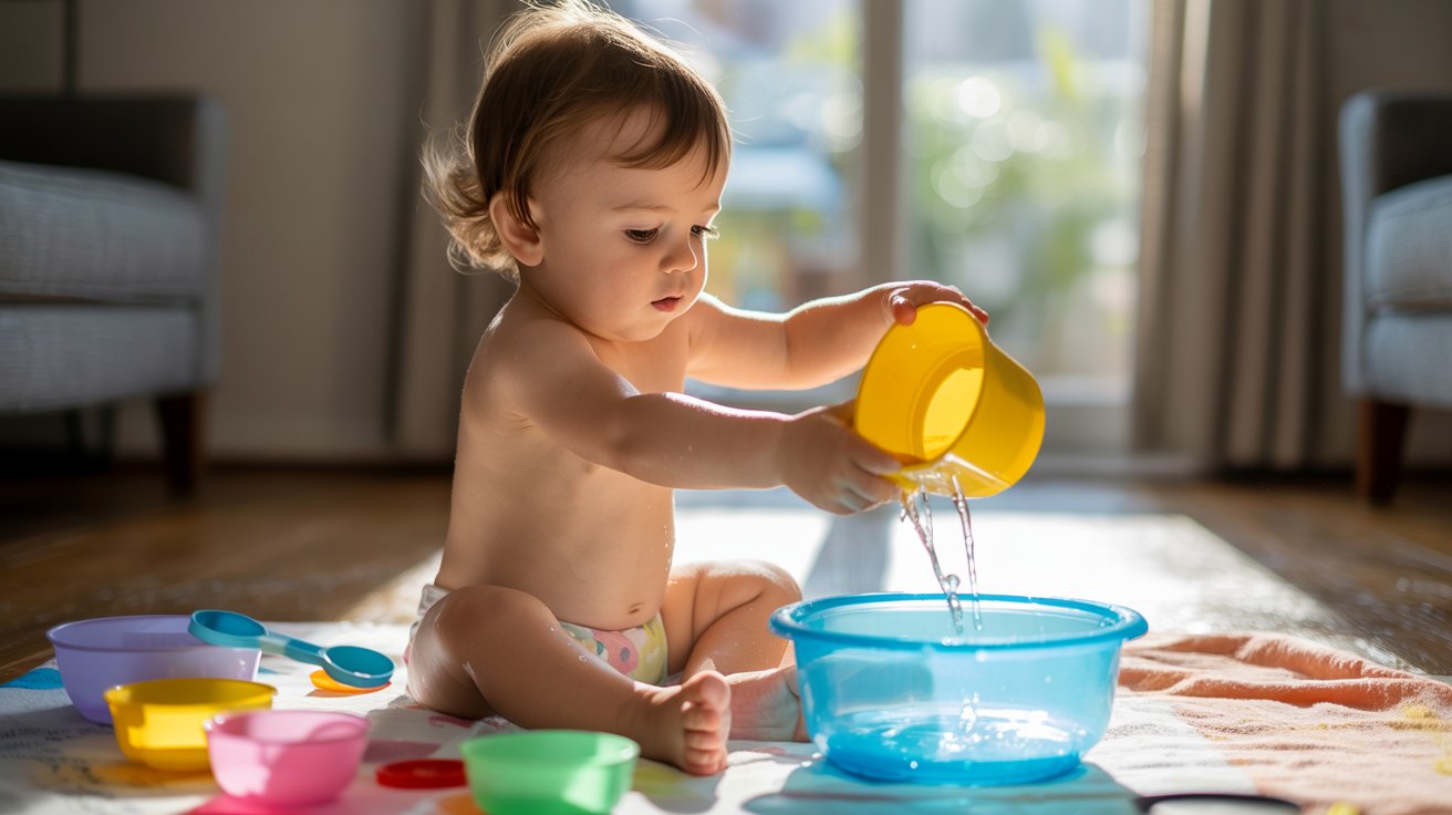 A baby engages in water play, happily using bowls, cups, and spoons to splash and explore the water.