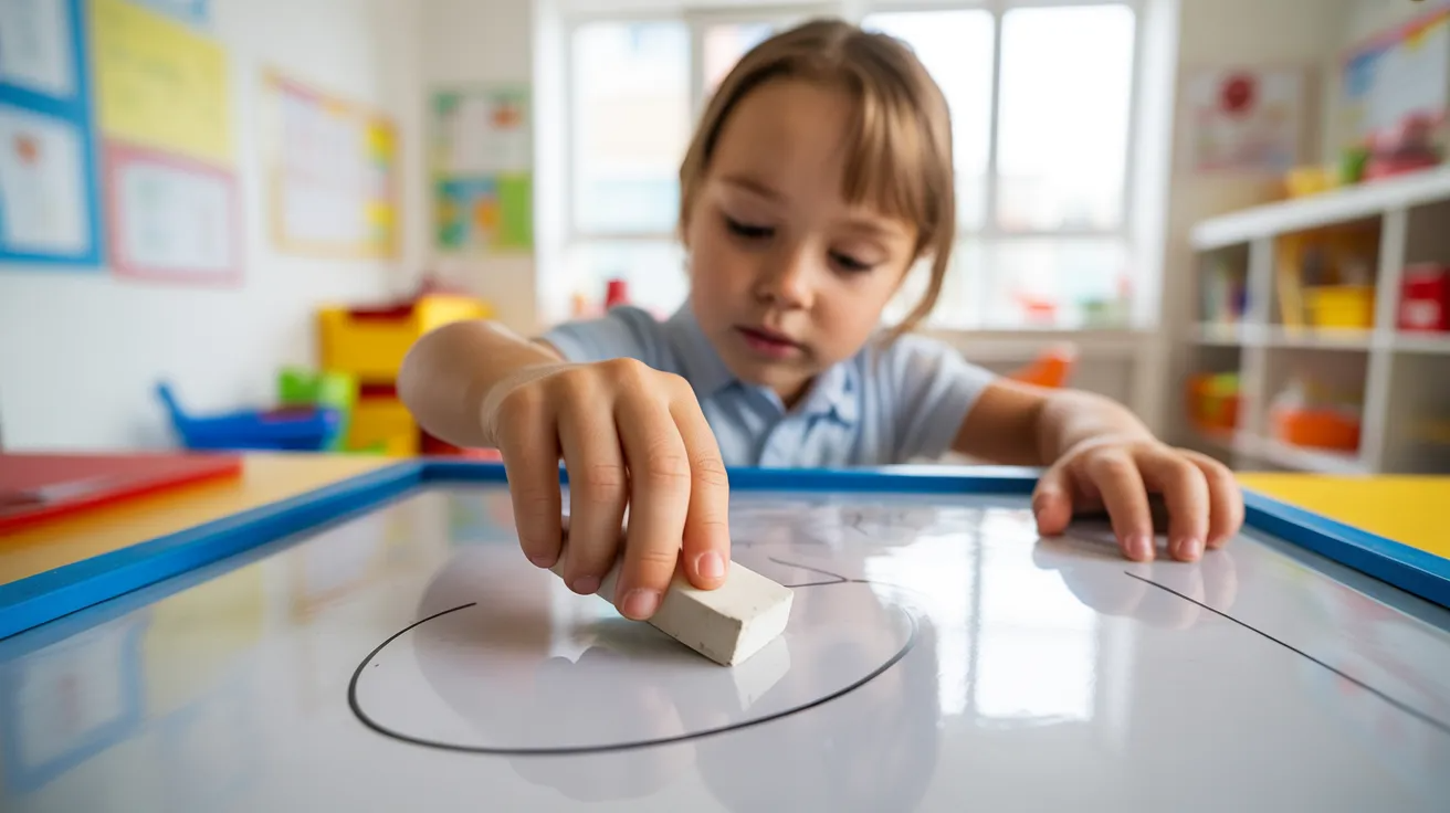 Child cleaning whiteboard as life skills activity for kids.