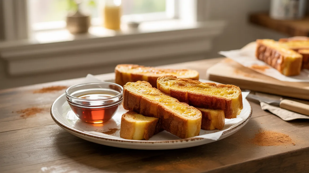 French toast sticks as soft and easy toddler meal prep breakfast food.