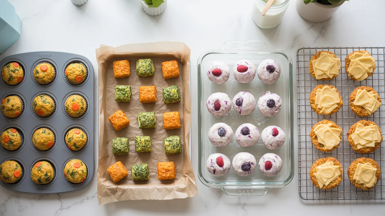 College of toddler snack meal prep including mini muffins, veggie tots, yogurt bites, and cheese veggie rounds as healthy make-ahead snack ideas.