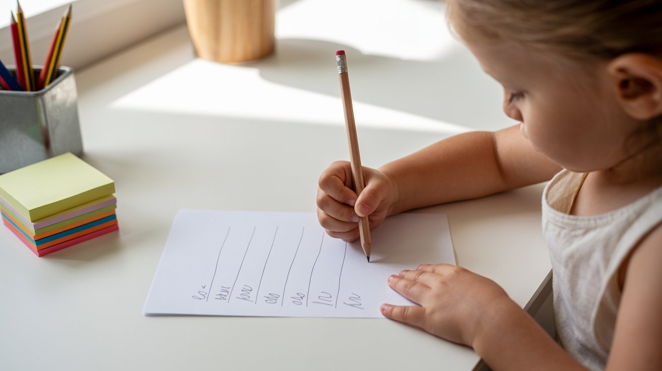 A child focused on writing with a pencil on a piece of paper, showcasing creativity and concentration.