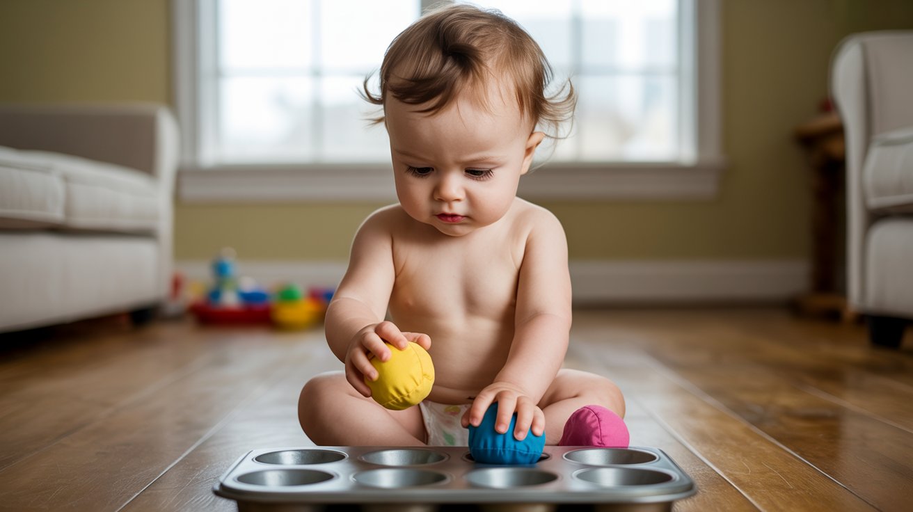 A baby joyfully playing with a colorful muffin tin, exploring its shapes and textures.